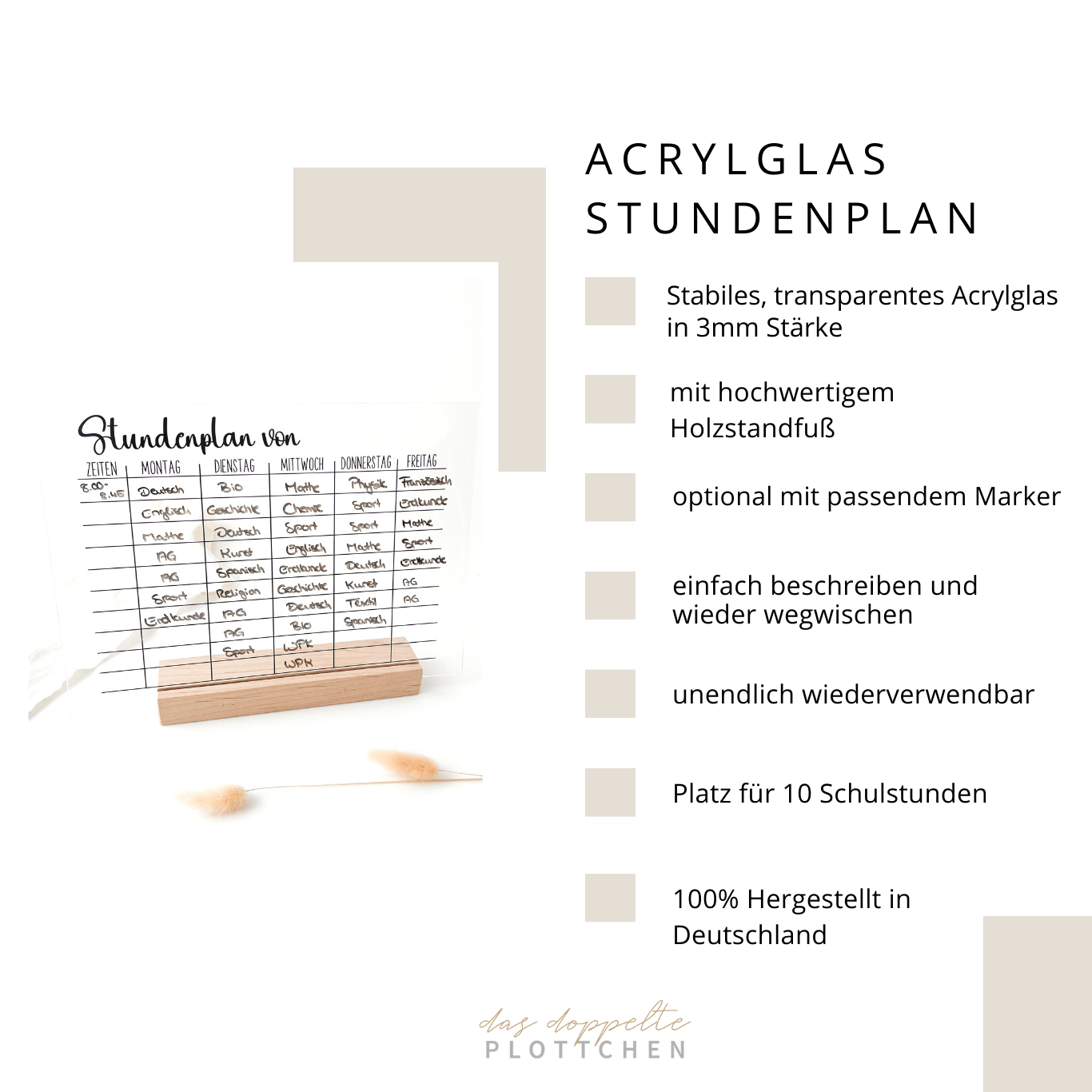 Acrylglas STUNDENPLAN A4 personalisiert das doppelte Plottchen®